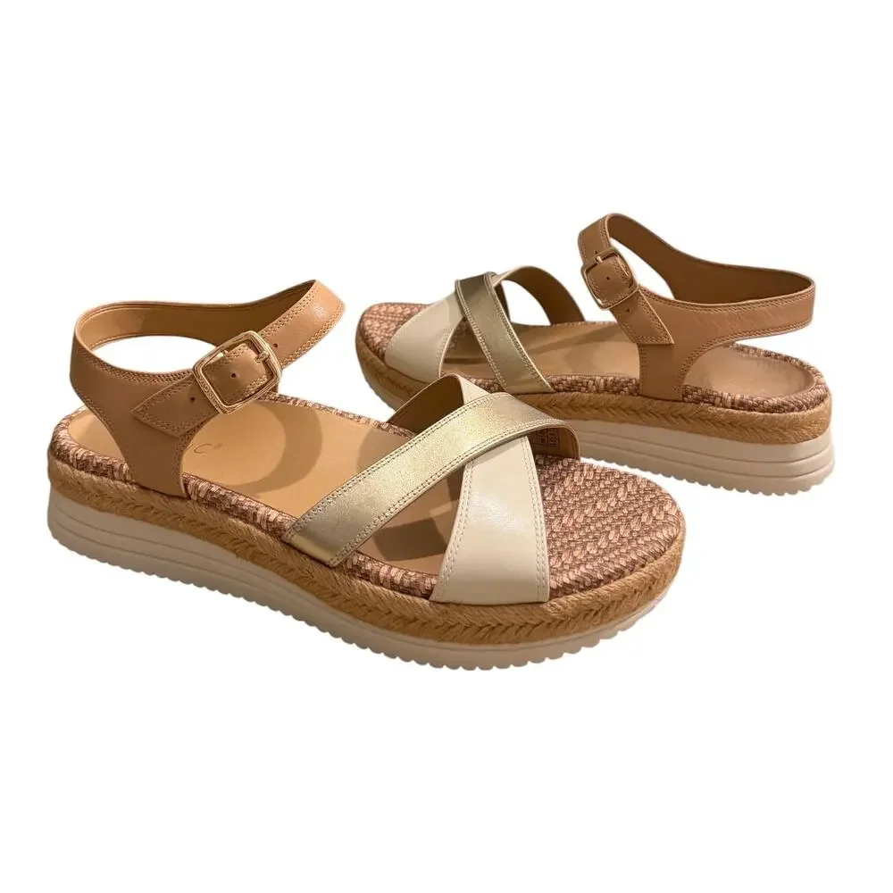 VIONIC Mar Wedge Sandal Camel Gold & Brown Leather NEW Women’s 8.5 Strappy Beach